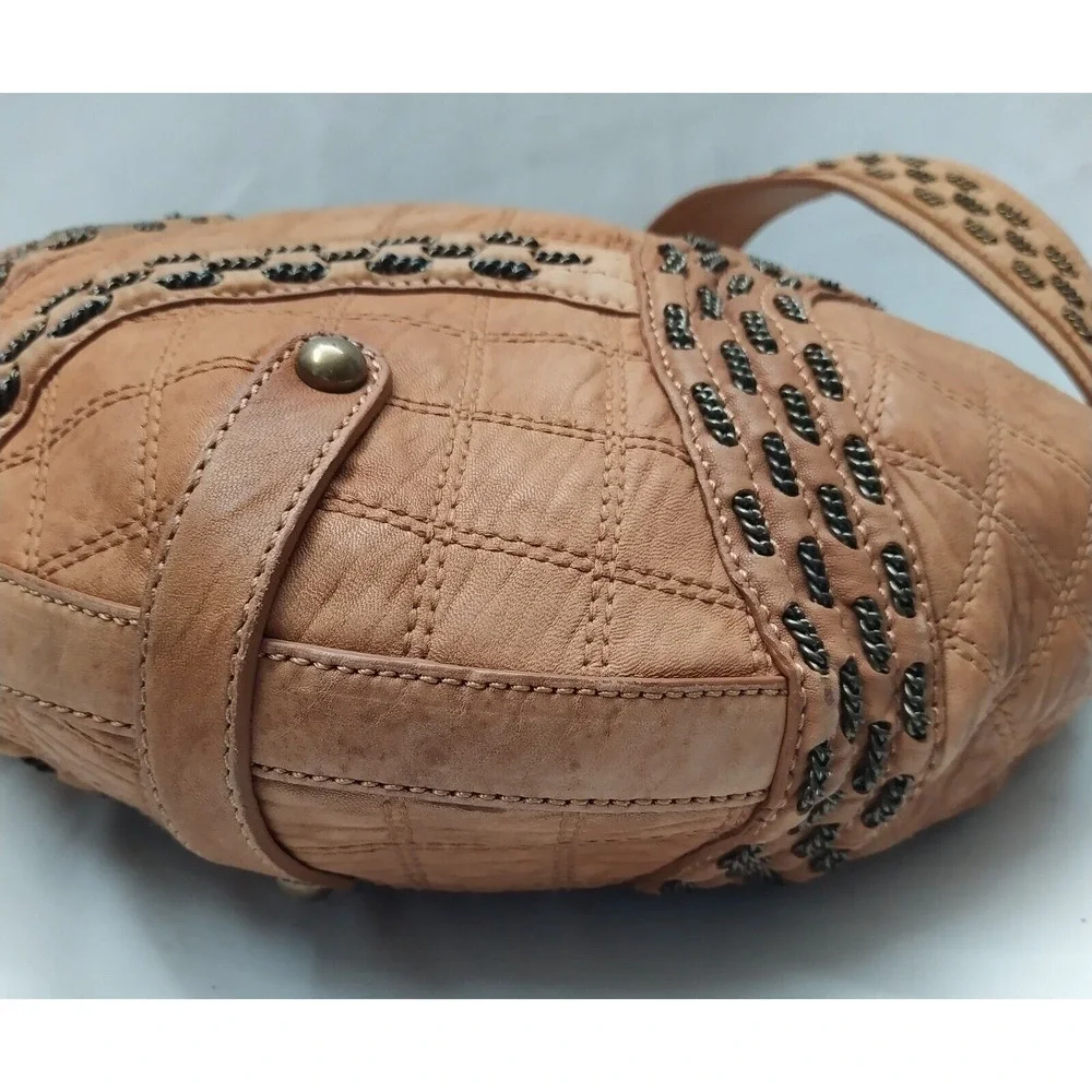 Isabella Fiore Tan Brown Learher Stitching Zipper Closure Hobo Shoulder Bag